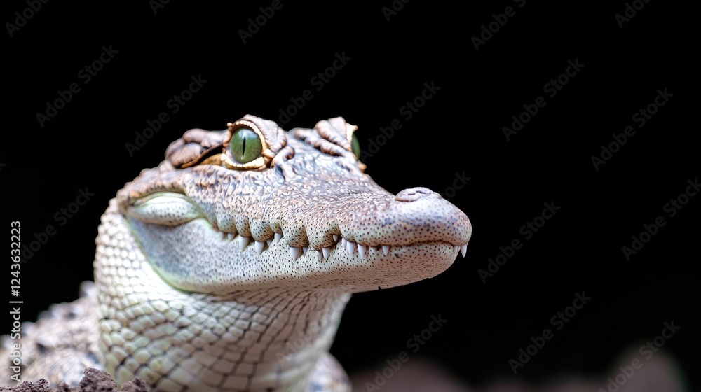 Fototapeta premium Baby crocodile portrait, dark background, wildlife, zoo