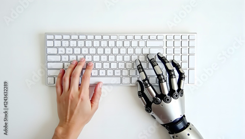 Robotic Hand Typing on Keyboard, Representing Advanced Technology, Artificial Intelligence, and Human-Machine Interaction