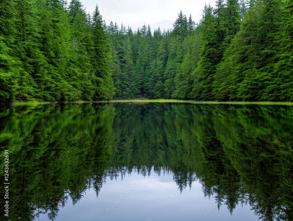serene hidden lake surrounded by towering evergreen trees serene hidden lake surrounded by towering evergreen trees