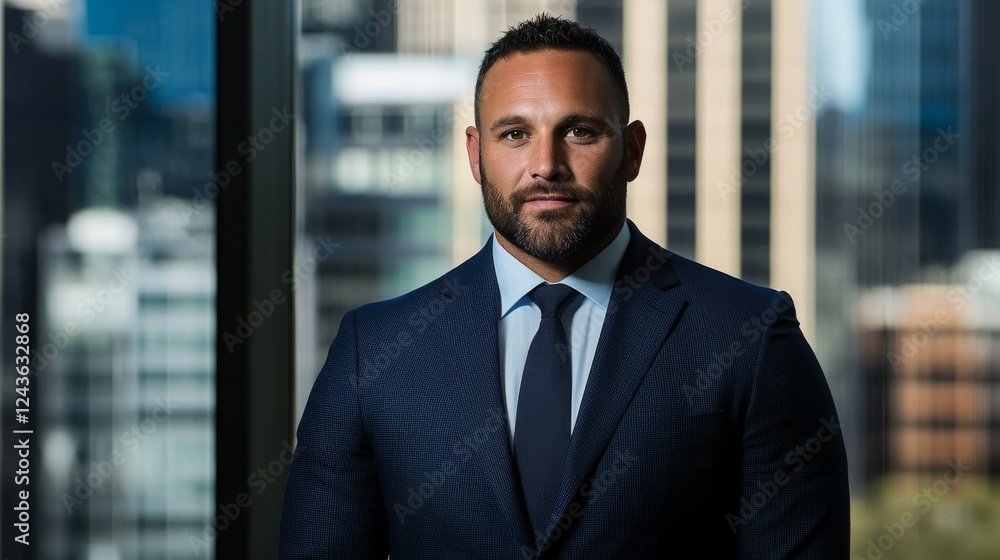 A confident male executive dressed in a tailored navy suit poses against blurred office windows, enhanced by natural light, creating a professional ambiance A confident male executive dressed in a tailored navy suit poses against blurred office windows, enhanced by natural light, creating a professional ambiance
