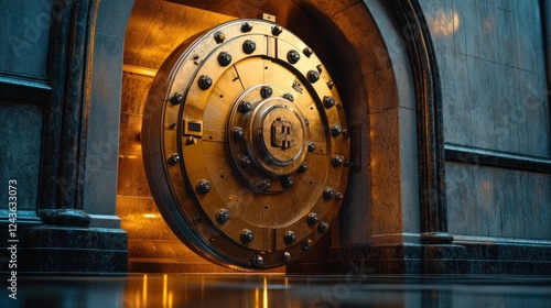 Massive Gold Vault Door Opens in Architectural Setting photo