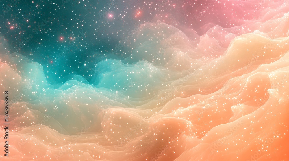 Abstract Valentines Day galaxy with soft gradients of magenta peach and teal highlighted by sparkling constellations and glowing celestial orbs no people Abstract Valentines Day galaxy with soft gradients of magenta peach and teal highlighted by sparkling constellations and glowing celestial orbs no people