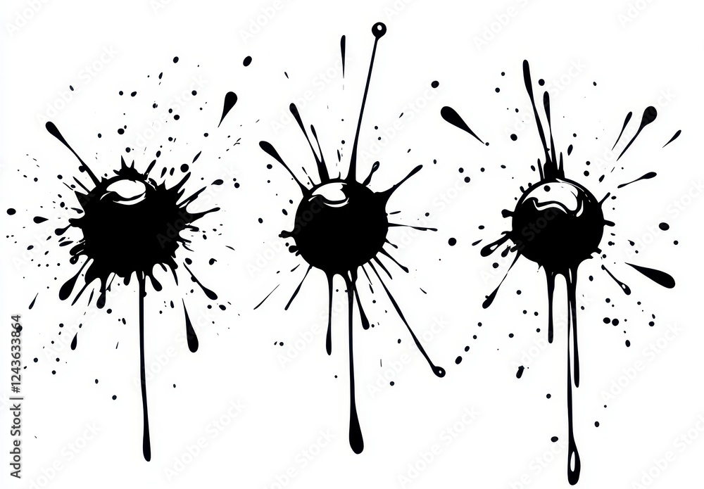 Three black ink splatters on a white background, abstract art, dynamic, expressive, high contrast Three black ink splatters on a white background, abstract art, dynamic, expressive, high contrast