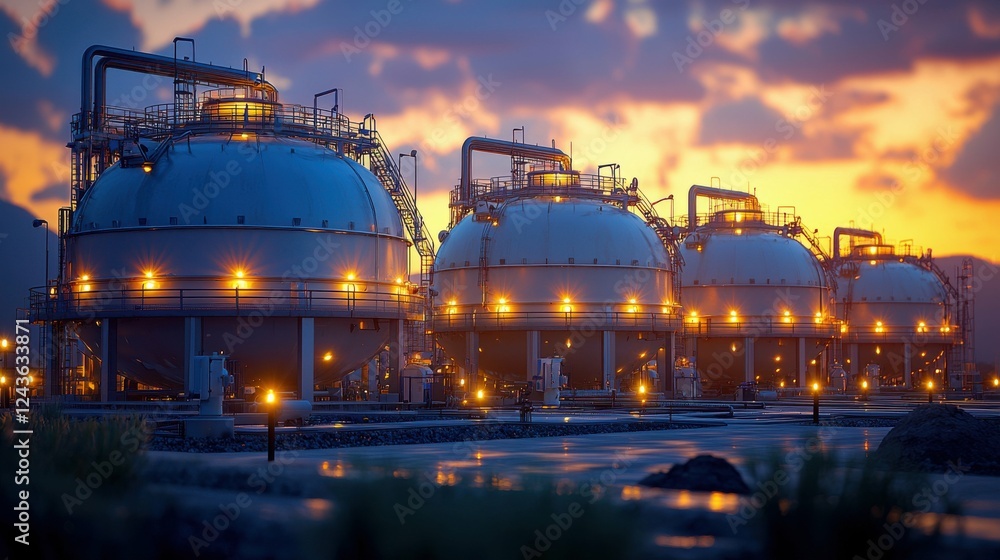 Fototapeta premium The tank in the industrial setting is illuminated by the sunset light, with the sky turning a brilliant orange and purple. The scene captures the beauty of industry against natureâ€™s colors.