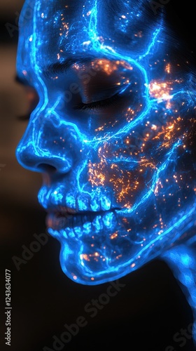 A close-up of a woman's face illuminated with vibrant blue and orange patterns, resembling a glowing skull