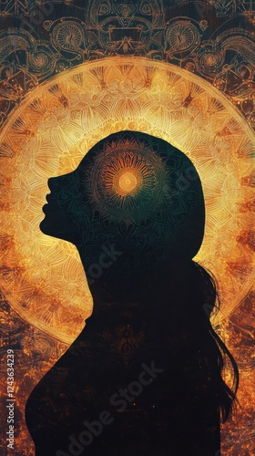Serene portrait of a glowing woman with intricate mandala background in warm tones