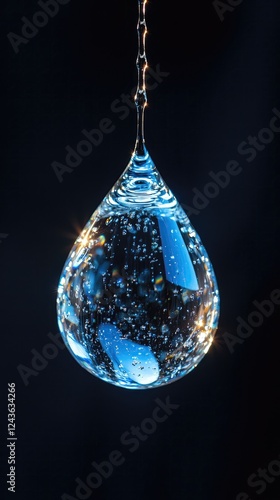 Close-up of a crystal-clear water droplet suspended against a dark background, showcasing bubbles and reflections