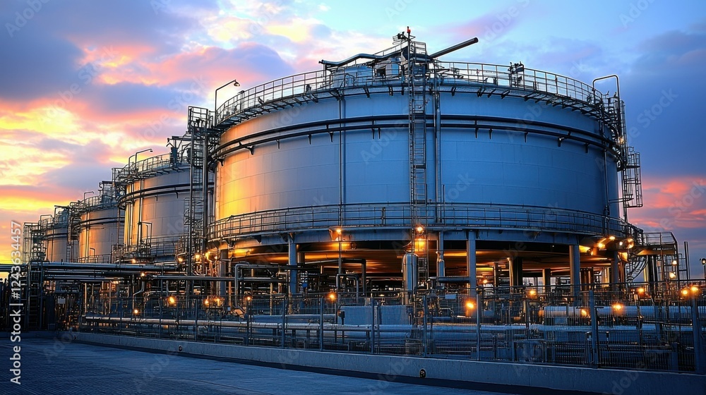 Obraz premium The industrial tank shines in the warm light of sunset, with the sky turning shades of orange and purple. The industrial area stands in the glow, adding beauty to the machine-filled landscape.
