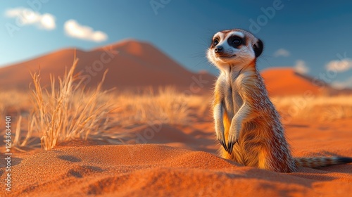 A curious meerkat stands on a sandy dune in a vast desert landscape during sunset, observing
