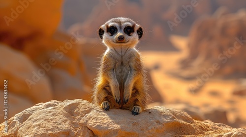 Meerkat sitting on a rock in a desert landscape, observing its surroundings under sunlight