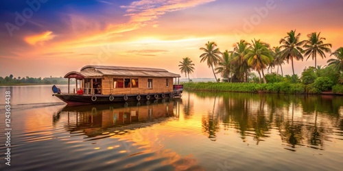 Houseboat floating on serene backwaters of Alappuzha at sunset, scenic, serene,  scenic, serene, landscape, India, alappuzha