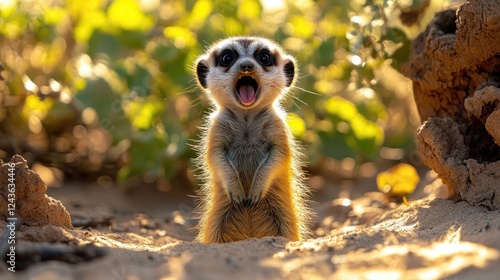 Playful meerkat stands upright in a sunlit desert, surrounded by lush greenery and rocks