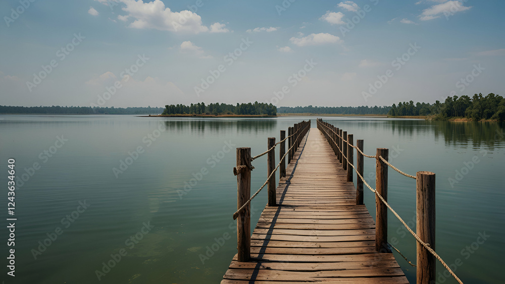 Naklejka premium World’s Longest Wooden Bridge, Scenic Landmark with Copy Space for Text or Design