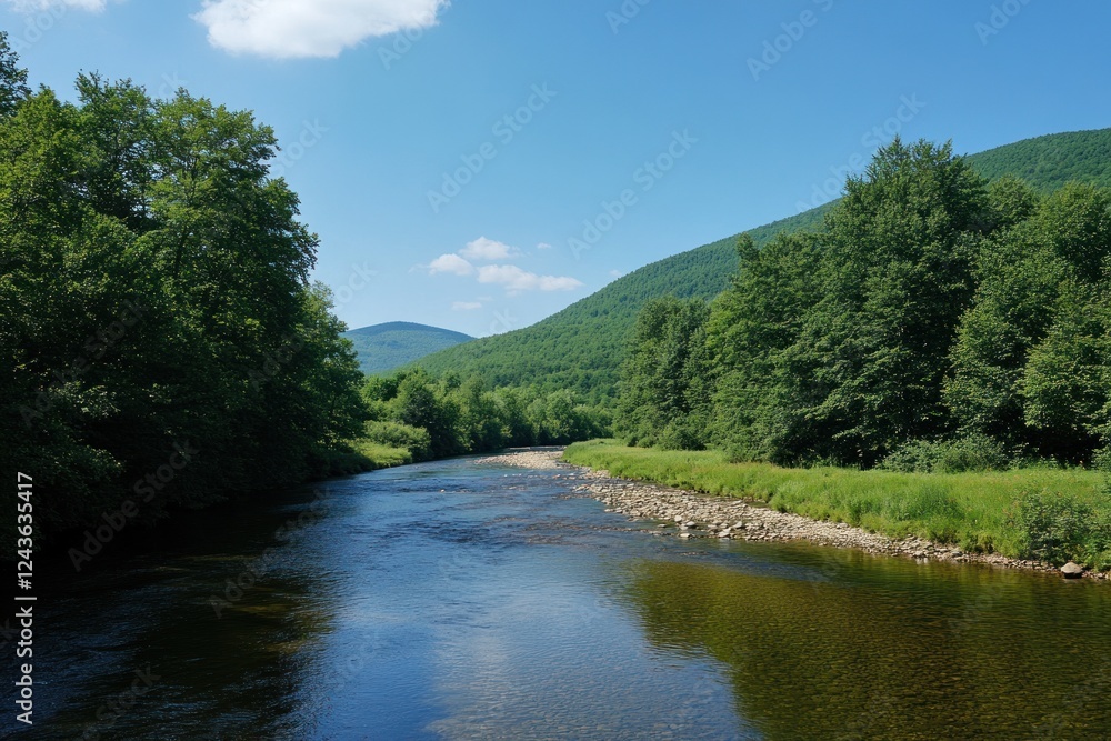 Calm river flowing through a lush green valley under a clear blue sky. Calm river flowing through a lush green valley under a clear blue sky.