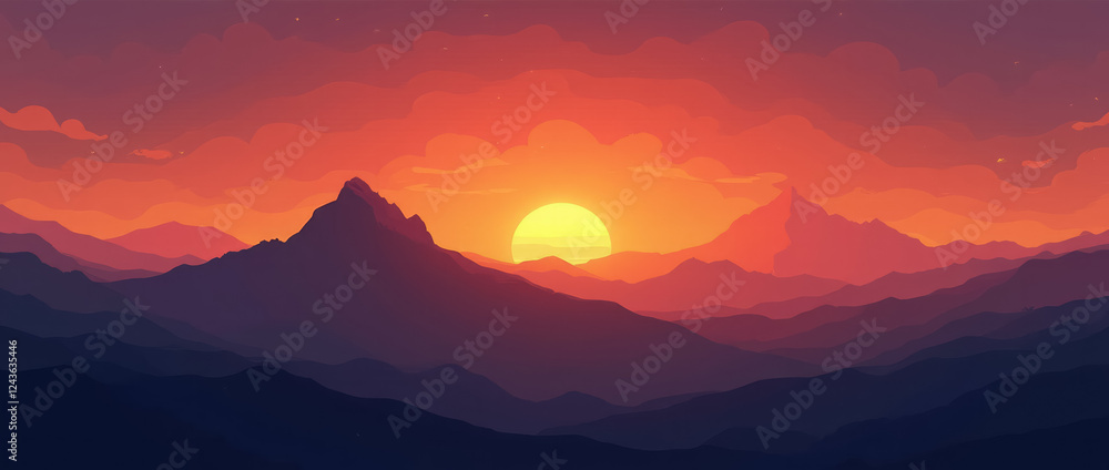 Sunset Over Mountain Silhouette with a Dramatic Sky and Fiery Clouds A Sunset Over Mountain Silhouette with a Dramatic Sky and Fiery Clouds A