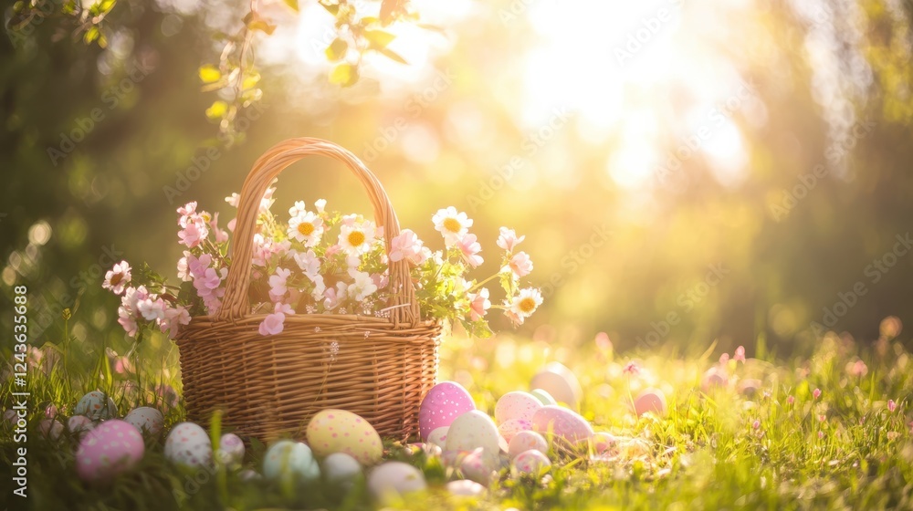 Beautiful picnic basket filled with flowers surrounded by colorful eggs in a serene outdoor setting during golden hour Beautiful picnic basket filled with flowers surrounded by colorful eggs in a serene outdoor setting during golden hour