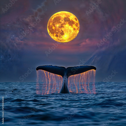 The image depicts a glowing, orange supermoon above a serene ocean with a whale's tail visible in the water, creating a striking and ethereal scene photo