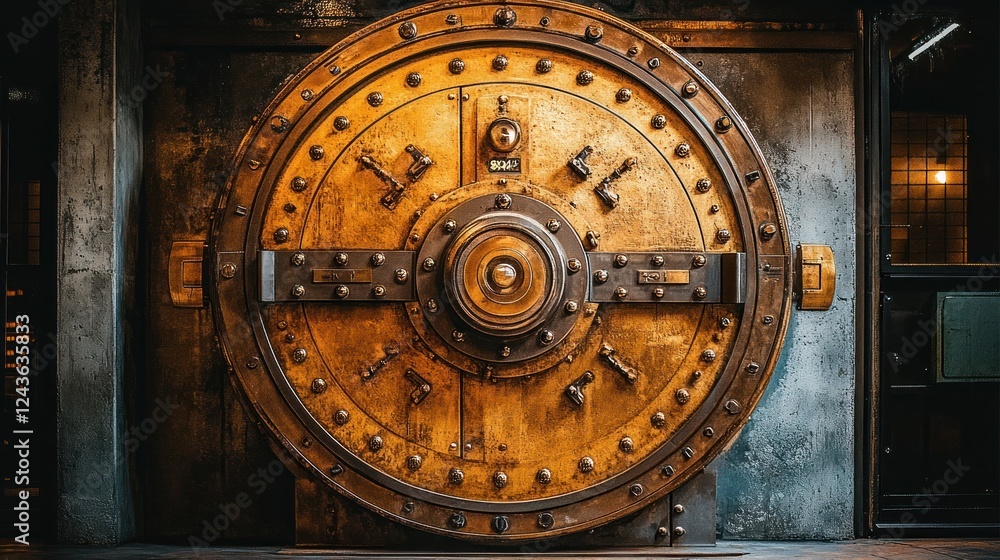 Fototapeta premium Massive antique vault door in urban industrial setting