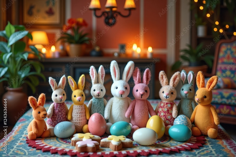 A Easter living space showcases a collection of plush bunnies, a colorful egg display, and sweet bunny-shaped cookies. The backdrop is adorned with garlands. Bohemian Interior Style. A Easter living space showcases a collection of plush bunnies, a colorful egg display, and sweet bunny-shaped cookies. The backdrop is adorned with garlands. Bohemian Interior Style.