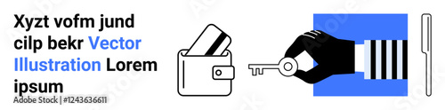 Hand holding a key, wallet with credit cards, and sample text for security and finance themes. Ideal for banking, financial services, security access, e-commerce, digital payments, data protection
