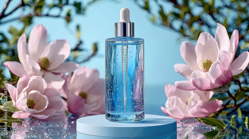 Glass bottle with pipette, paired with magnolia flowers, placed on a circle podium, offering an elegant and serene setting for displaying high-end beauty or skincare products. Glass bottle with pipette, paired with magnolia flowers, placed on a circle podium, offering an elegant and serene setting for displaying high-end beauty or skincare products.