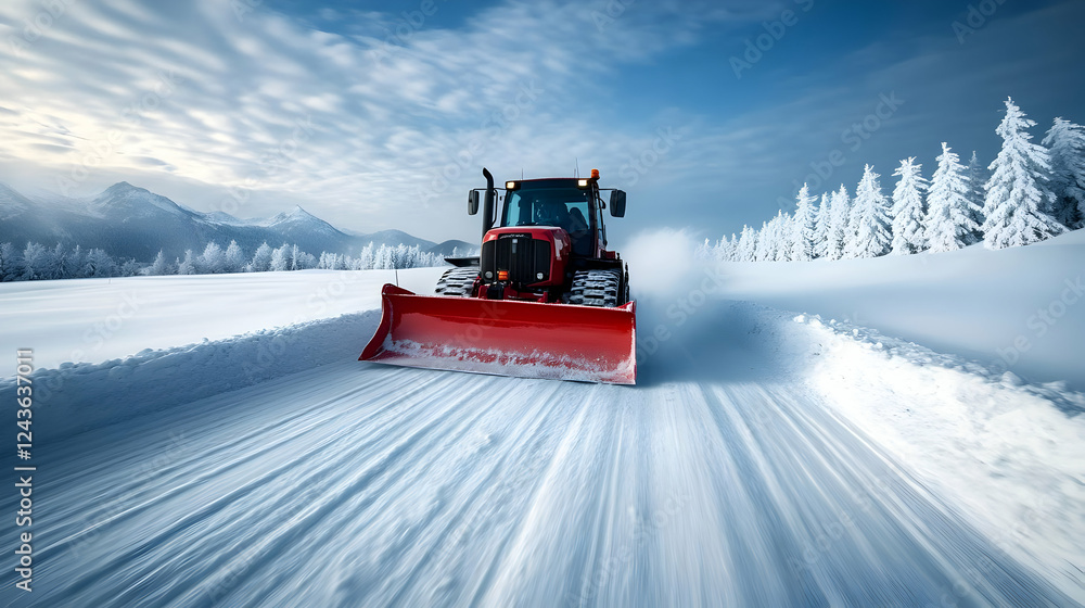 A powerful snowplow clears a snowy road, showcasing winter's beauty and the efficiency of modern machinery. A powerful snowplow clears a snowy road, showcasing winter's beauty and the efficiency of modern machinery.