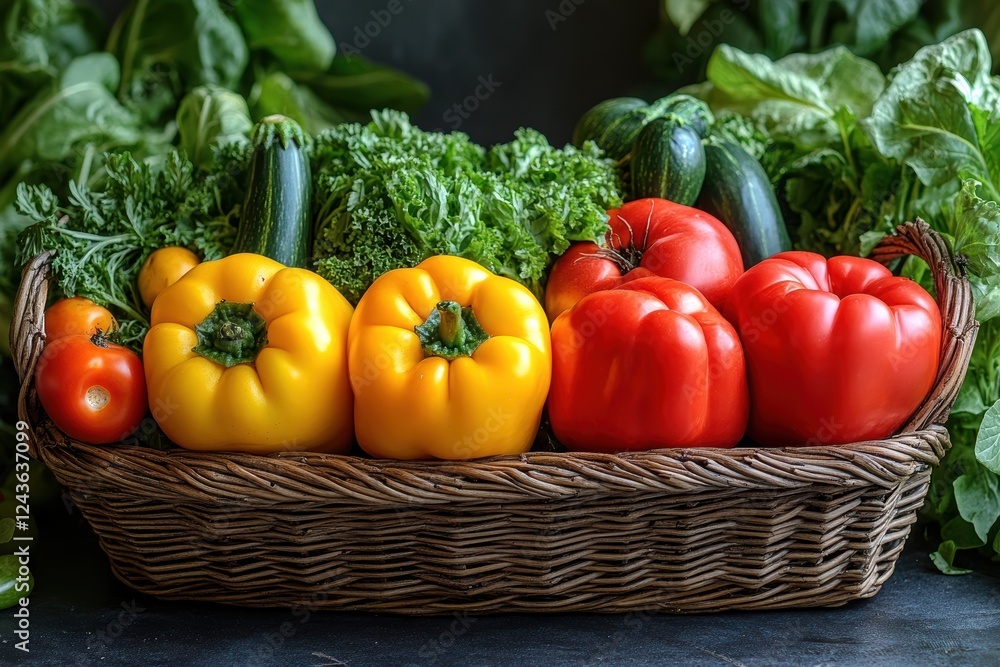 Colorful fresh vegetables harvested in a vibrant basket Colorful fresh vegetables harvested in a vibrant basket