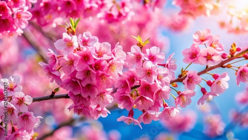 Stunning Pink Kanzan Cherry Blossoms in Full Bloom Against a Spring Sky photo