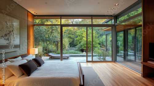 Wallpaper Mural Modern bedroom with large windows and wooden floor, offering serene view Torontodigital.ca