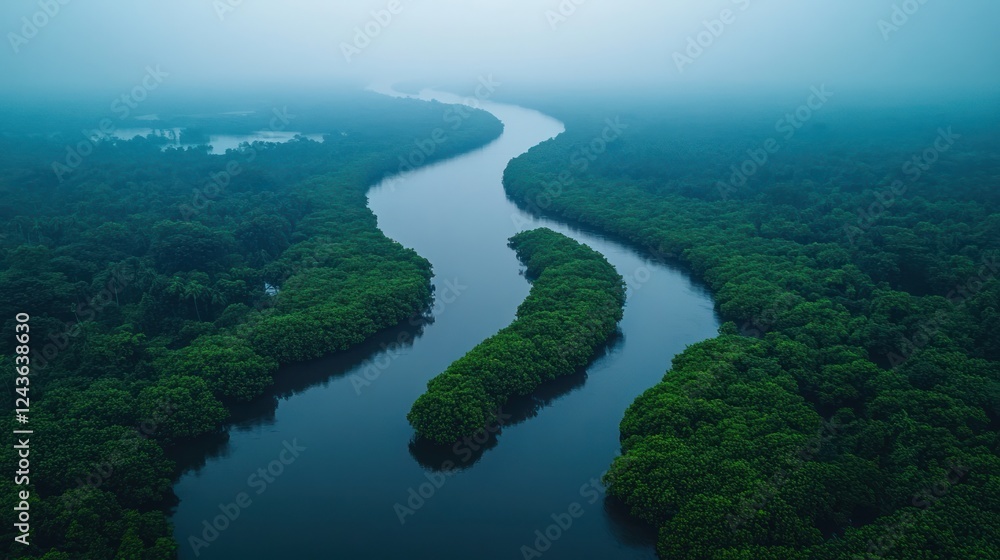 Fototapeta premium Misty River Winding Through Lush Mangrove Forest