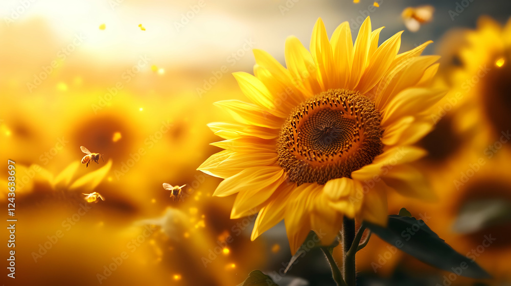 Obraz premium Vibrant sunflower in a golden field, illuminated by warm sunlight and surrounded by soft bokeh, evoking summer joy.