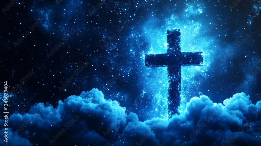 Fototapeta premium Serene Cross Above Fluffy Clouds and Stars - Faith, hope, peace, serenity, spirituality. A glowing cross rises above tranquil clouds under a starry night sky.