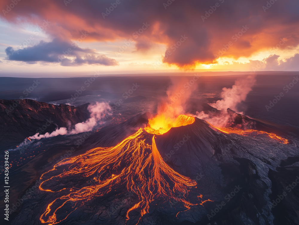 A volcano erupting at sunset, with lava flowing down its slopes and ash clouds illuminated by the golden and orange hues of the sky. A volcano erupting at sunset, with lava flowing down its slopes and ash clouds illuminated by the golden and orange hues of the sky.