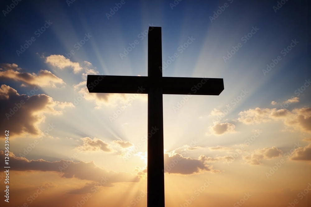 large dark wooden cross against gradient sky clouds sun large dark wooden cross against gradient sky clouds sun