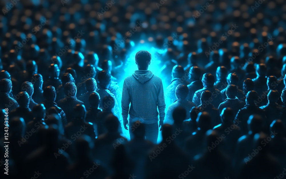 Obraz premium One individual highlighted in a sea of people, glowing spotlight symbolizing selfpromotion and personal branding, professional energy, futuristic urban backdrop, 4K