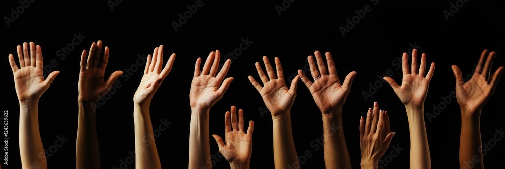 Diverse hands raised, dark background, unity concept (1) Diverse hands raised, dark background, unity concept (1)