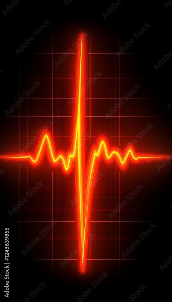 Dynamic Heartbeat Monitor Screen, Bright Red Line Tracing Rhythm on Detailed Grid, Bold Graphic.