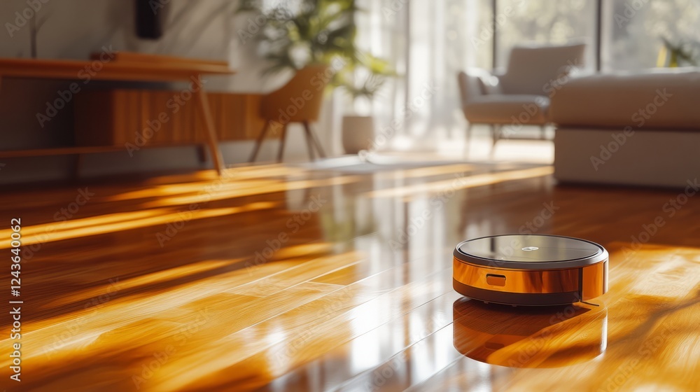 A robotic vacuum cleaner navigating around table legs on a shiny hardwood floor A robotic vacuum cleaner navigating around table legs on a shiny hardwood floor