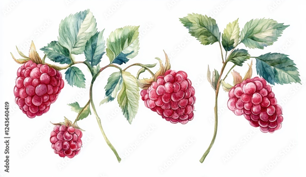 Watercolor painting of fruit branches with ripe red berries and green leaves on white background. Botanical illustration Watercolor painting of fruit branches with ripe red berries and green leaves on white background. Botanical illustration