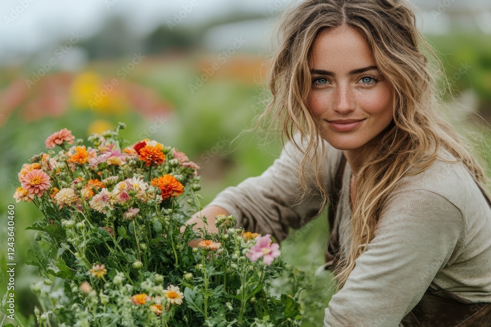 Woman picking a colorful bouquet of fresh flowers in a vibrant garden during daytime Woman picking a colorful bouquet of fresh flowers in a vibrant garden during daytime