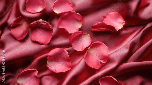 A close-up of pink rose petals scattered on a silky red fabric, emphasizing the softness and sensual beauty of delicate floral textures