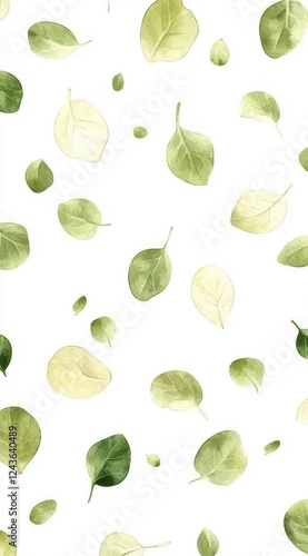 Watercolor painting of green and yellow leaves on white background. Simple, elegant, nature inspired design, perfect for wallpaper or textile