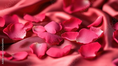 A close-up of pink rose petals scattered on a silky red fabric, emphasizing the softness and sensual beauty of delicate floral textures