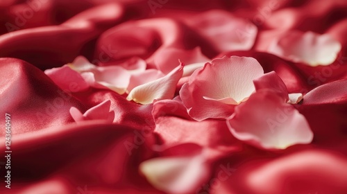 A close-up of pink rose petals scattered on a silky red fabric, emphasizing the softness and sensual beauty of delicate floral textures