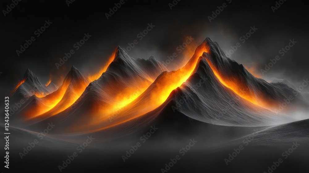 Fototapeta premium Fiery volcanic peaks, misty landscape, digital art, desktop wallpaper