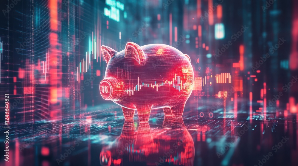 Creative depiction of a digital piggy bank showcasing a futuristic financial concept with vibrant colors and patterns Creative depiction of a digital piggy bank showcasing a futuristic financial concept with vibrant colors and patterns