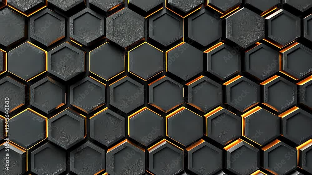 A close-up view of a black hexagonal pattern with glowing orange edges, creating a modern, futuristic look. A close-up view of a black hexagonal pattern with glowing orange edges, creating a modern, futuristic look.