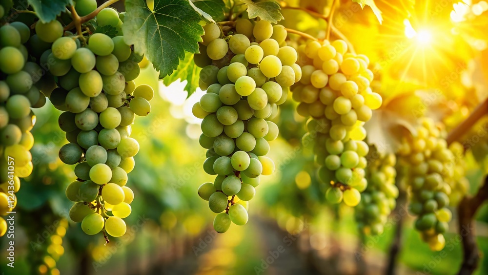 Sun-Drenched Green Grapes Hanging on Vine, Lush Vineyard Harvest Sun-Drenched Green Grapes Hanging on Vine, Lush Vineyard Harvest