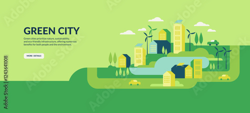 Vector flat illustration eco city landscape with green hills, lake, trees, solar panels and wind turbines. Modern city with eco energy. Banner