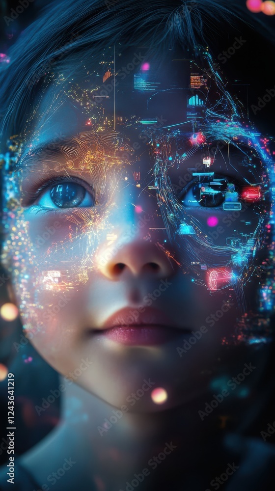 Conceptual display of a child's face with digital and futuristic elements representing imagination and creativity Conceptual display of a child's face with digital and futuristic elements representing imagination and creativity